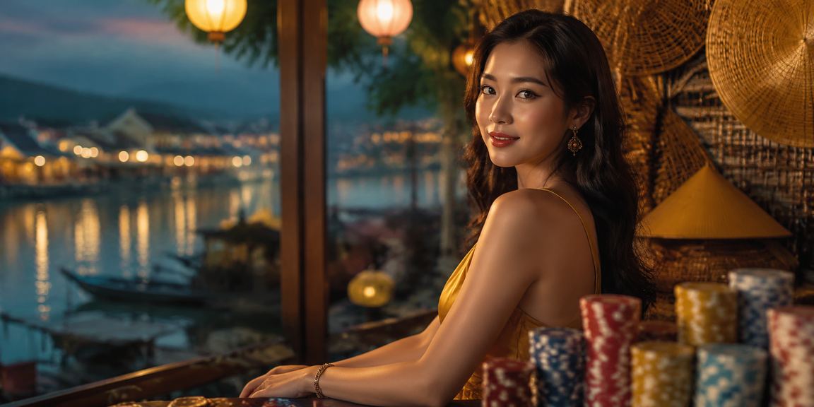 Người chơi slot game tại Hội An với nón lá truyền thống trong không khí lễ hội